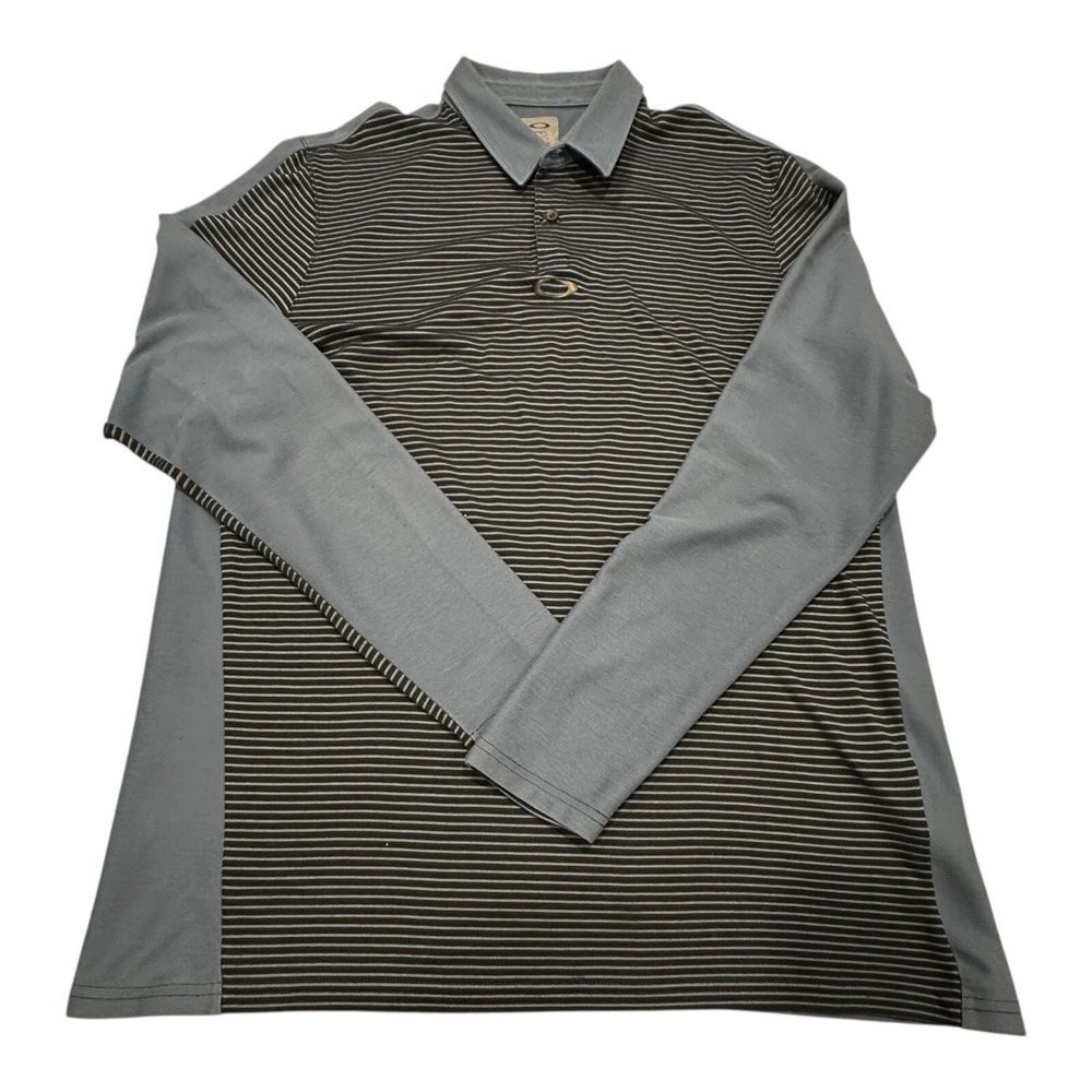 Oakley Polo Shirt Mens Large Black‎ Blue Stripe Outdoor Golf Business Casual